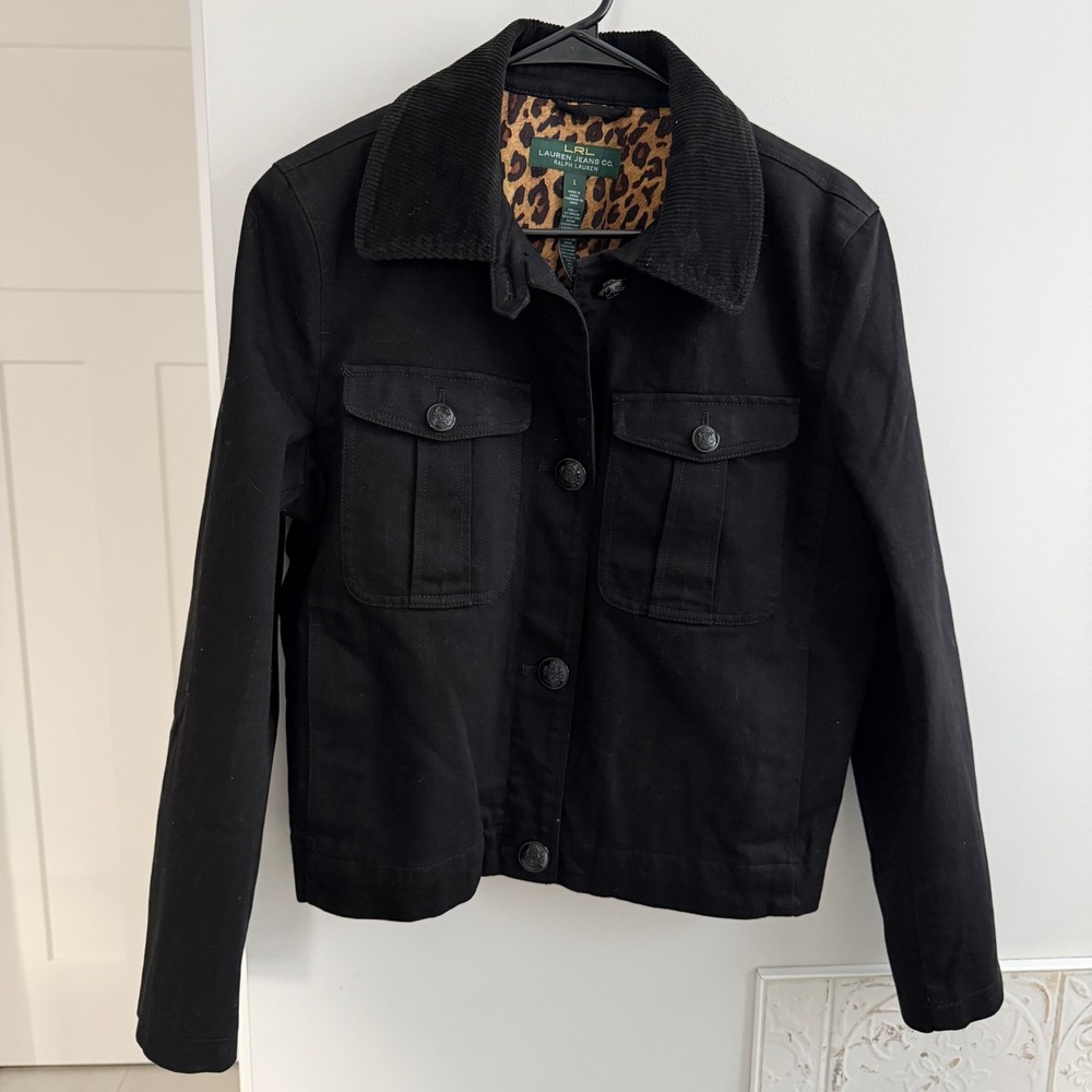 Lauren Jeans Co Black Denim Jacket Women's size Large - Vintage- Leopard lining